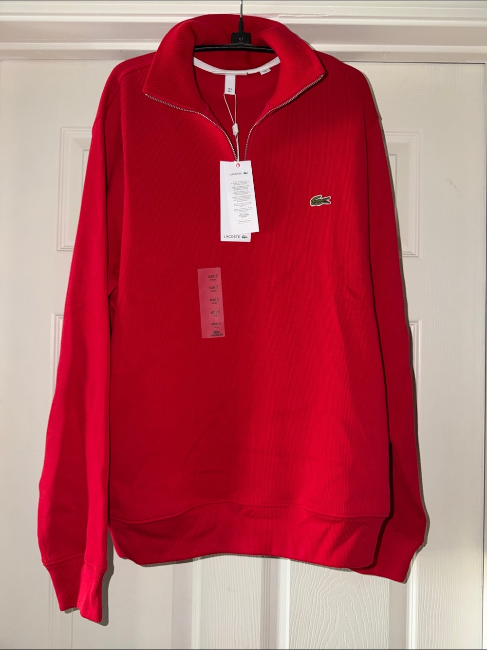 Lacoste Men's Bright Red Zip-Neck Cotton Pullover. NWT